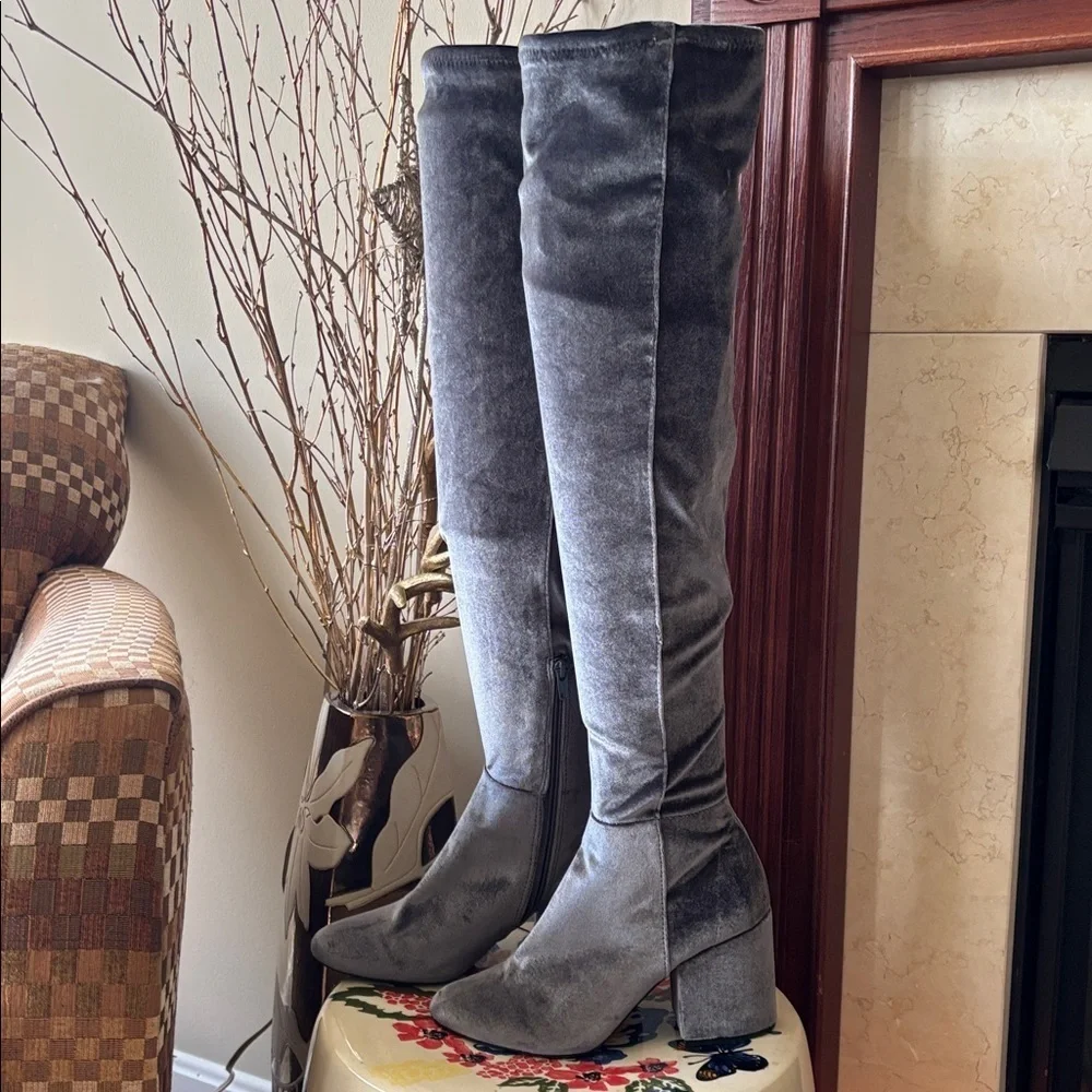 ALDO Belinna Over the Knee Gray Velvet Stretch Boots Block Heel Thigh High Party